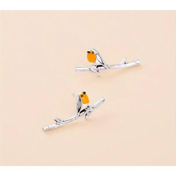 Tiny Bird on a Branch Minimalist Earrings Silver Wren Sparrow NWT Cottagecore - Picture 4 of 7